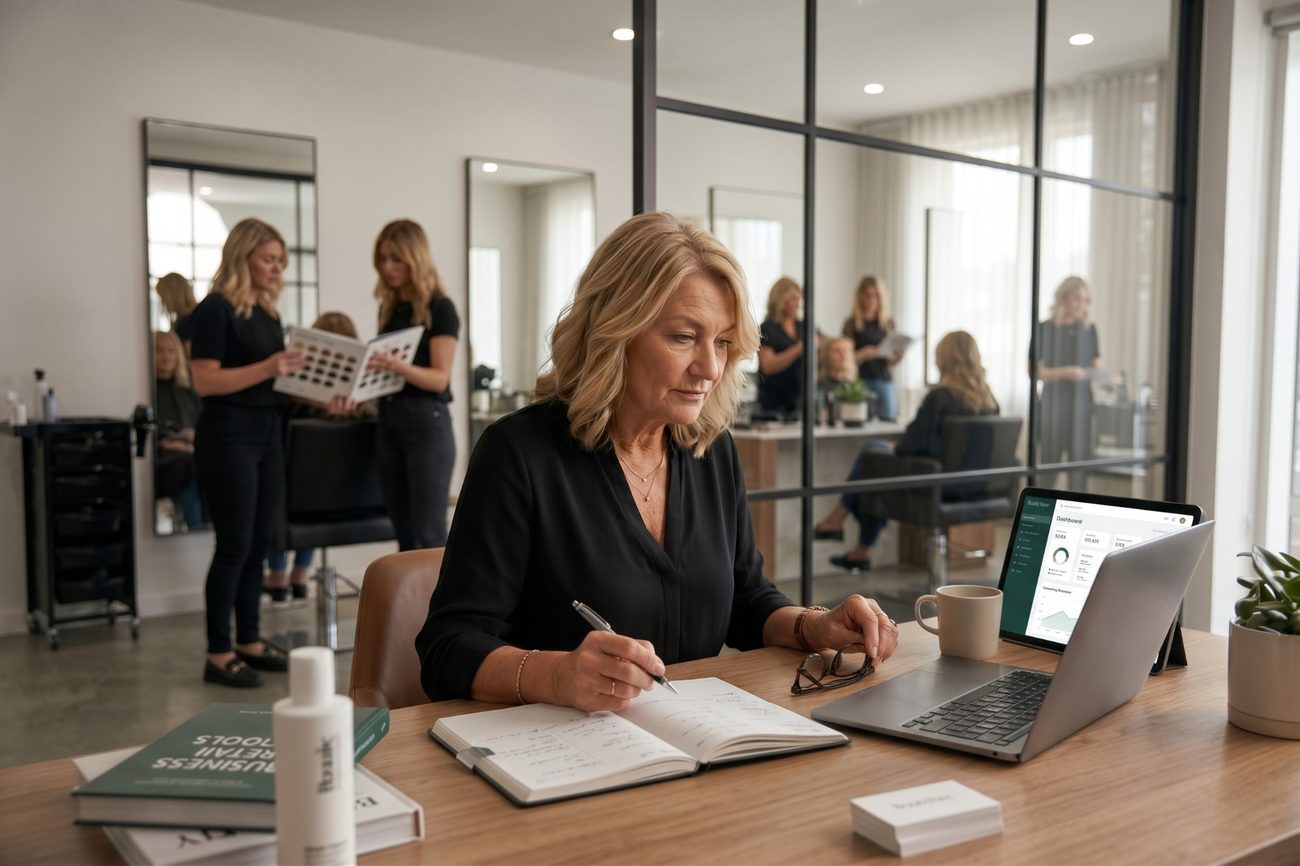 A salon owner at her desk with a notebook and a laptop open on her numbers, the salon floor working behind her.