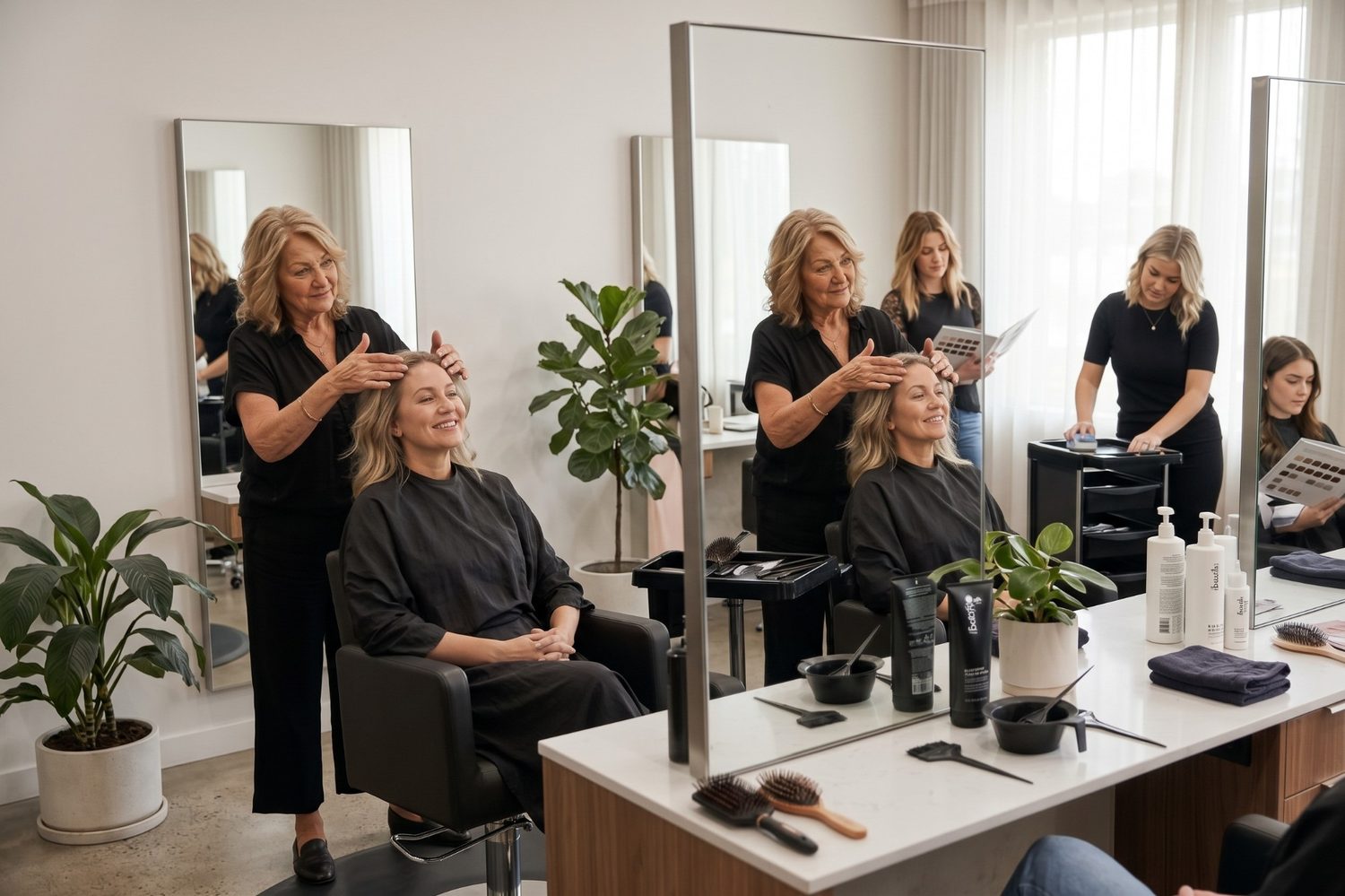A bright salon floor: a stylist checking a client's colour at the chair, two more stylists working behind her.